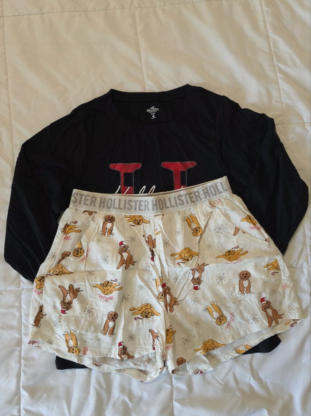 Hollister Holiday Black Long-Sleeve Top with Cream Puppy-Print Shorts